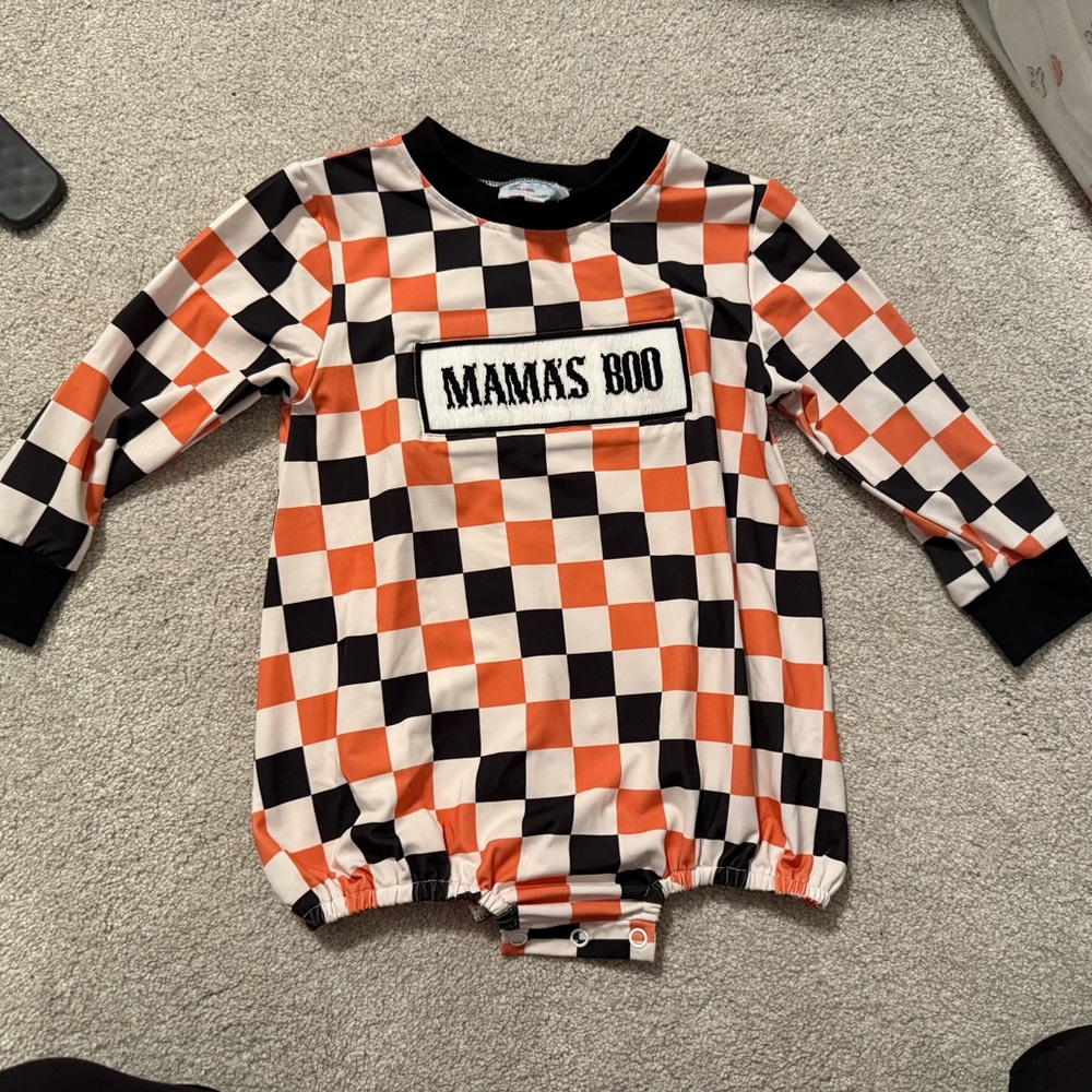 Checkered Baby Romper with 'Mama's Boo' Embroidered
